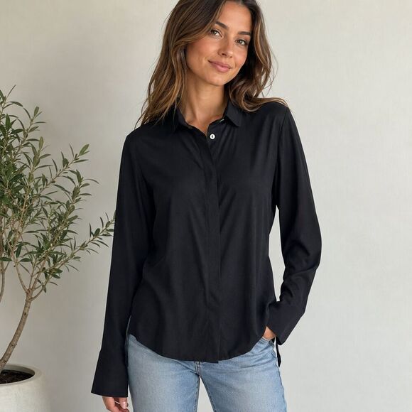 Ramy Brook Tops - Ramy Brook Tiah Silk Sheer Button Down Blouse Black Long Sleeve Top Medium